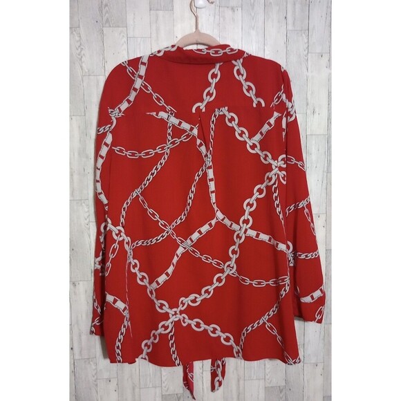 Susan Graver Blouse Red Chain Print Long Sleeve Tie Waist Women’s Size 24W - Picture 2 of 4